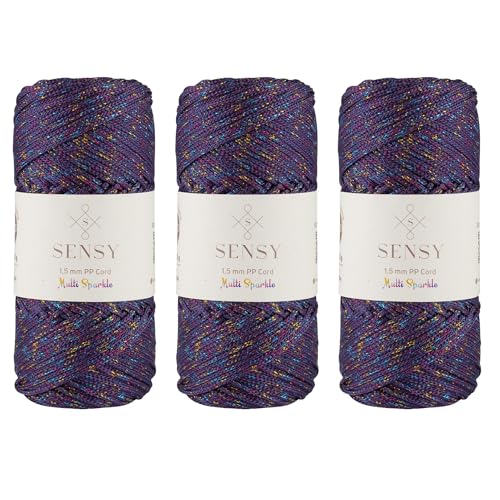 Sensy Premium Polyester-Seil, 1,5 mm, 100% Polypropylen, Makramee-Schnur, Häkelschnur, Makramee-Seil, Häkelgarn, Geschenk für Stricker, 3 Knäuel (Pflaume Multi-Glitzer) von S SENSY