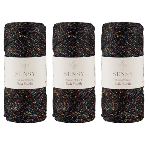 Sensy Premium Polyester-Seil, 1,5 mm, 100% Polypropylen, Makramee-Schnur, Häkelschnur, Makramee-Seil, Häkelgarn, Geschenk für Stricker, 3 Knäuel (Schwarzer Multi-Glitzer) von S SENSY