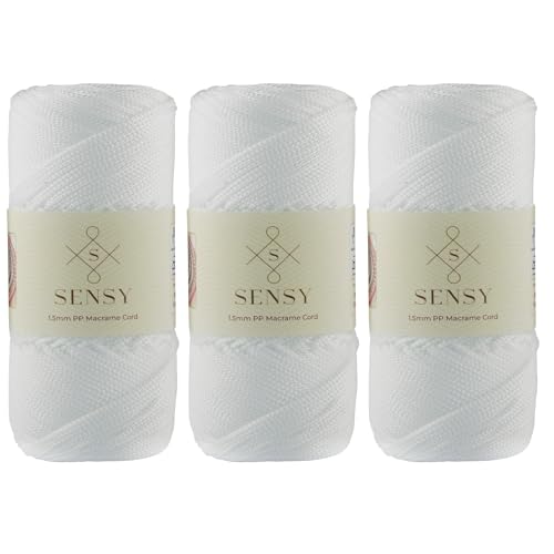 Sensy Premium Polyester-Seil, 1,5 mm, 100% Polypropylen, Makramee-Schnur, Häkelschnur, Makramee-Seil, Häkelgarn, Geschenk für Stricker, 3 Knäuel (Weiss) von S SENSY