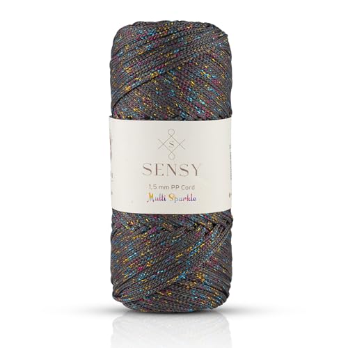 Sensy Premium Polyester-Seil, 1,5 mm, 100% Polypropylen, Makramee-Schnur, Häkelschnur, Makramee-Seil, Häkelgarn, Geschenk für Stricker (Anthrazit Multi-Glitzer) von S SENSY