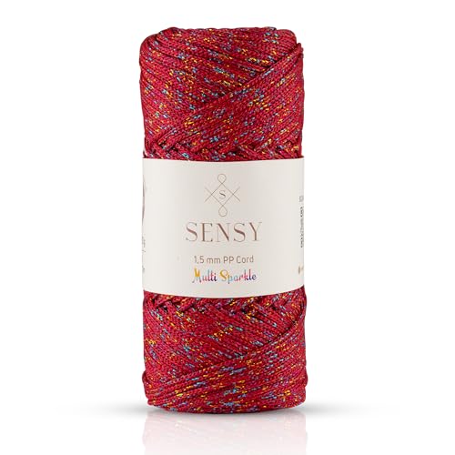 Sensy Premium Polyester-Seil, 1,5 mm, 100% Polypropylen, Makramee-Schnur, Häkelschnur, Makramee-Seil, Häkelgarn, Geschenk für Stricker (Dunkelroter Multi-Glitzer) von S SENSY