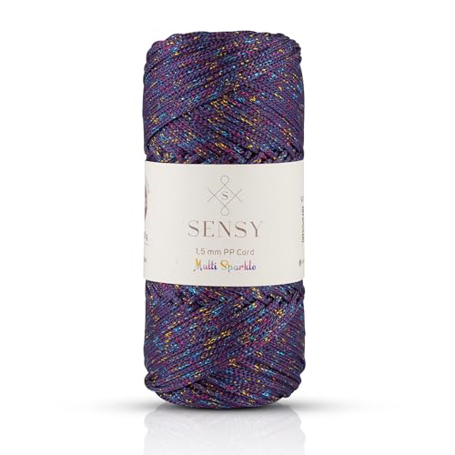 Sensy Premium Polyester-Seil, 1,5 mm, 100% Polypropylen, Makramee-Schnur, Häkelschnur, Makramee-Seil, Häkelgarn, Geschenk für Stricker (Pflaume Multi-Glitzer) von S SENSY