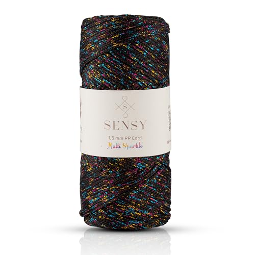 Sensy Premium Polyester-Seil, 1,5 mm, 100% Polypropylen, Makramee-Schnur, Häkelschnur, Makramee-Seil, Häkelgarn, Geschenk für Stricker (Schwarzer Multi-Glitzer) von S SENSY