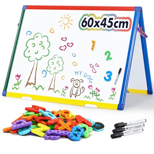 SwanSea A2 Magnettafel Kinder Staffelei, Whiteboard-Tischplatte, Doppelseitig, Trocken Abwischbar, mit Magneten Buchstaben Zahlen und Stift, 60 x 45 cm von S SWANCROWN