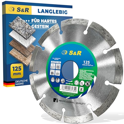 S&R Diamant-Trennscheibe Industrie-Qualität, Trennscheibe 125 x 22,23 mm zum Schneiden von Granit, Stein, Naturstein, Marmor, Mauerwerk, Beton, Diamanttrennscheibe für Flex, Winkelschleifer von S&R