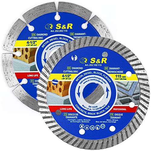 S&R Diamanttrennscheiben 115 mm Set 2-tlg, 1x Segment Standard, 1x Turbo-Rand - 115 mm x 10 mm x 22.2/15.88 mm (inkl Reduzierring), Diamant Trennscheiben für Stein, Beton, Ziegel, Fliesen von S&R