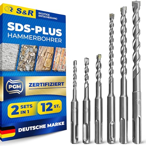 S&R Hammerbohrer, Steinbohrer/Betonbohrer, 12-teiliges SDS PLUS-Bohrer-Set für Bohrhammer, je 2 Stk 5, 6, 8 x 110 mm; 6, 8, 10 x 160 mm, Schlag-Bohrer für Beton, Granit und Stein, PGM kontrolliert von S&R