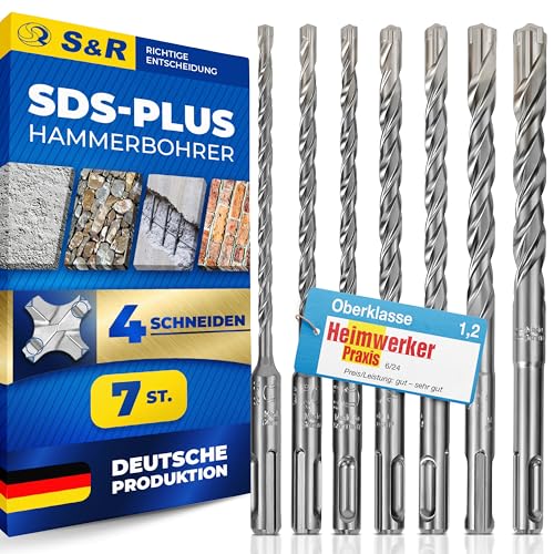 S&R Hammerbohrer/Steinbohrer Set 7-tlg SDS-Plus – 4-Schneiden Industriequalität für Beton, Granit & Stein, mit Multi-KVS-Helixnut, 5-12mm, Hartmetallschneide – Industriequalität von S&R