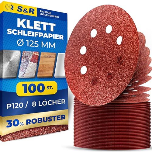 S&R Klett Schleifpapier Set 125 mm, Meister, 8 Löcher, 100 St. in Körnung P120, Schleifblätter, Schleifscheiben für Exzenterschleifer, Klettschleifpapier, zuverlässige Haftung am Schleifteller von S&R