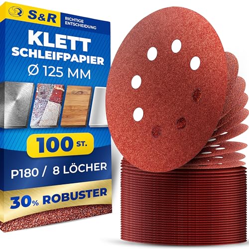 S&R Klett Schleifpapier Set 125 mm, Meister, 8 Löcher, 100 St. in Körnung P180, Schleifblätter, Schleifscheiben für Exzenterschleifer, Klettschleifpapier, zuverlässige Haftung am Schleifteller von S&R