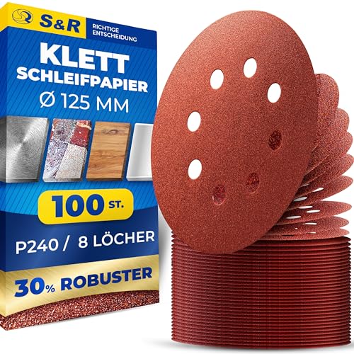 S&R Klett Schleifpapier Set 125 mm, Meister, 8 Löcher, 100 St. in Körnung P240, Schleifblätter, Schleifscheiben für Exzenterschleifer, Klettschleifpapier, zuverlässige Haftung am Schleifteller von S&R