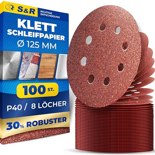 S&R Klett Schleifpapier Set 125 mm, Meister, 8 Löcher, 100 St. in Körnung P40, Schleifblätter, Schleifscheiben für Exzenterschleifer, Klettschleifpapier, zuverlässige Haftung am Schleifteller von S&R