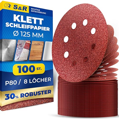 S&R Klett Schleifpapier Set 125 mm, Meister, 8 Löcher, 100 St. in Körnung P80, Schleifblätter, Schleifscheiben für Exzenterschleifer, Klettschleifpapier, zuverlässige Haftung am Schleifteller von S&R