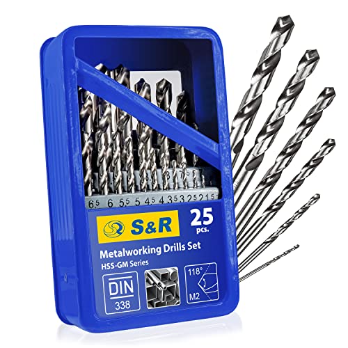 S&R Metallbohrer-Set 25 teilig, ø 1-13 mm, 118° Spitzenwinkel, GM-Serie, HSS-Stahl, Industrie-Qualität, extra hohe Standzeit, DIN 338, geschliffen, Stahlbohrer-Satz 25 Stück in robuster Metallbox von S&R