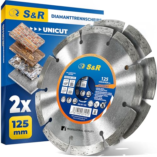 S&R Professional Diamanttrennscheibe 125 x 22,23 mm UNICUT, 2-tlg Set für Winkelschleifer, zum Trennen von Beton, Naturstein, Ziegel, Mauerwerk, Trockenschnitt, 10mm Segmenthöhe, lange Standzeit von S&R