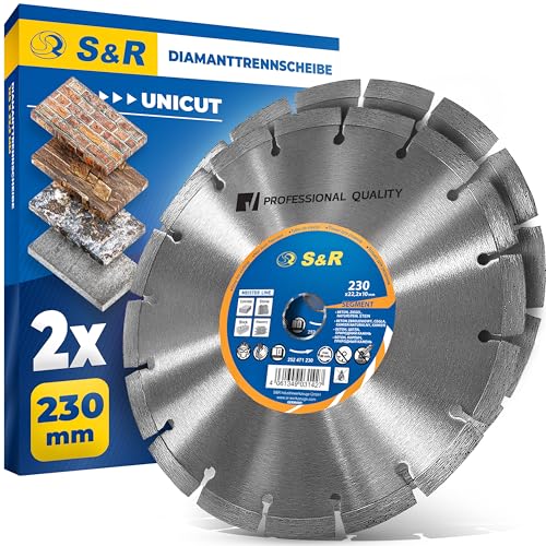 S&R Professional Diamanttrennscheibe 230 x 22,2 mm UNICUT, 2-tlg Set, Diamant-Trennscheibe zum Trennen von Baumaterialien, Beton, Naturstein, Stein, Ziegel, Mauerwerk, besonders hohe Standzeit von S&R