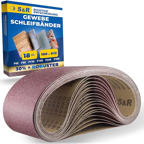 S&R Schleifband-Set 18 Stück 100 x 600 mm, je 3x P60/P80/P120/P150/P240/P400 für Bandschleifer, reißfestes Gewebe-Schleifpapier, Schleifgurt, Schleifriemen für Holz, Metall, Plastik, Entrostung von S&R