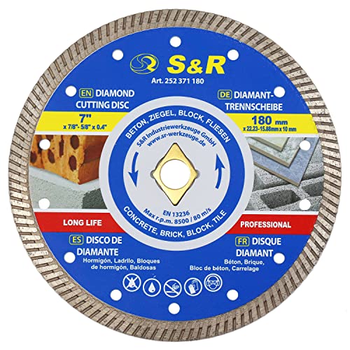 S&R Turbo Diamanttrennscheibe 180 mm / 7' (180X10X22.2/15.88mm), mit Rhombus-Loch und Reduzierstück 22,23 mm auf 15,88 mm Bohrung, für Beton, Ziegel, Mauerwerk, Fliesen von S&R