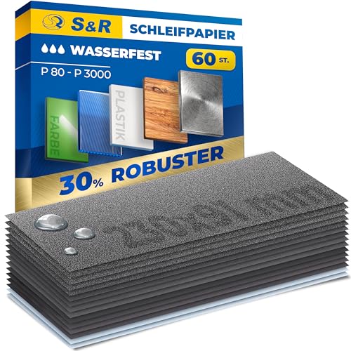 S&R Wasserfestes Schleifpapier Set 60 Stk, Schleifblätter Satz, Schmirgelpapier, für Trockenpolitur und Nasspolitur, Siliziumkarbid-Korn, 15 Körnungen P80 bis P3000, Profi Nassschleifpapier von S&R