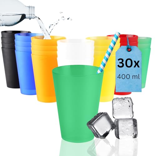 S&S-Shop 30 Hartplastik Trinkbecher 400ml, Mix Set, 6 Farben, Mehrwegbecher, Cocktailgläser, Camping, Kindergeschirr, JGA, Stapelbecher, Partybecher, Kunststoffbecher von S&S-Shop