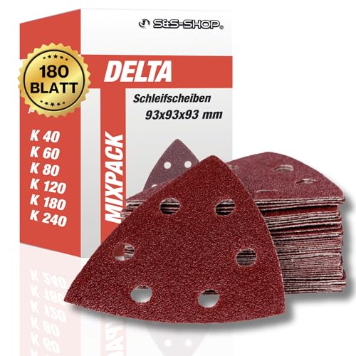 Delta - Schleifdreiecke mit Klett, 180 Blatt, 93 x 93 x 93 mm, 6 Löcher, je 30 x Korn 40, 60, 80, 120, 180, 240, für Deltaschleifer & Multischleifer, Schleifpapier, Staubabsaugung von S&S-Shop