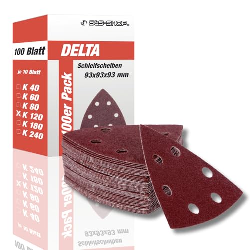 Delta-Schleifdreiecke mit Klett, Korn 120, 100 Stück, 93 x 93 x 93 mm, 6 Löcher, für Deltaschleifer & Multischleifer, Schleifpapier, Staubabsaugung von S&S-Shop