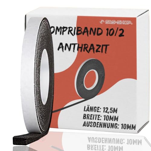 S&S-Shop Kompriband 12,5 m lang | 10/2 anthrazit | expandiert von 2 auf 10 mm - Fugenbreite 2-10 mm | Rollenbreite 10 mm | Acryl 300 | Fugendichtband Quellband Komprimierband Klebeband Dichtungsband von S&S-Shop