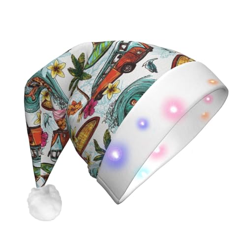 Hawaiianischer Surfer auf gewelltem Druck, Weihnachtsmann, Weihnachtsserie, LED-Licht, Unisex, lustige Weihnachtsmütze geeignet von SAAKE