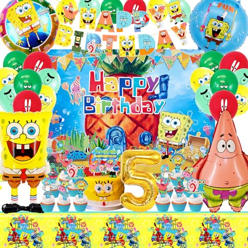 SABAN Spongebo Geburtstag Deko 5 Jahre, Spongebo Deko Kinder Set, Spongebo Schwammkopf Themen Ballon mit Banner,Tortendeko,Tischdecke,Hintergrund, Geeignet für Party Dekoration für Jungen und Mädchen von SABAN