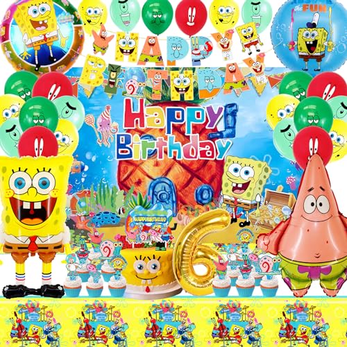 SABAN Spongebo Deko Kinder Set, Spongebo Geburtstag Deko 6 Jahre, Spongebo Schwammkopf Themen Ballon mit Banner,Tortendeko,Tischdecke,Hintergrund, Geeignet für Party Dekoration für Jungen und Mädchen von SABAN