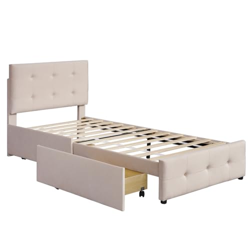 SAINUO Bett mit Lattenrost, Polsterbett 90x200 cm, Rückenlehne und Zwei Schubladen Einzelbett Höhenverstellbares Kopfteil hautfreundlicher Samtstoff Flach Kinderbett Jugendbett-Beige von SAINUO