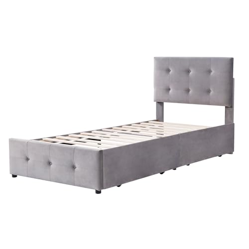 SAINUO Bett mit Lattenrost, Polsterbett 90x200 cm, Rückenlehne und Zwei Schubladen Einzelbett Höhenverstellbares Kopfteil hautfreundlicher Samtstoff Flach Kinderbett Jugendbett-Grey von SAINUO