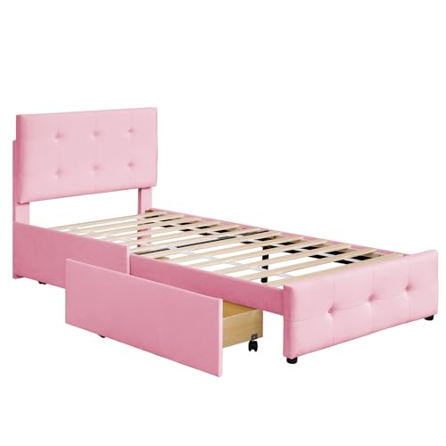 SAINUO Bett mit Lattenrost, Polsterbett 90x200 cm, Rückenlehne und Zwei Schubladen Einzelbett Höhenverstellbares Kopfteil hautfreundlicher Samtstoff Flach Kinderbett Jugendbett-Pink von SAINUO