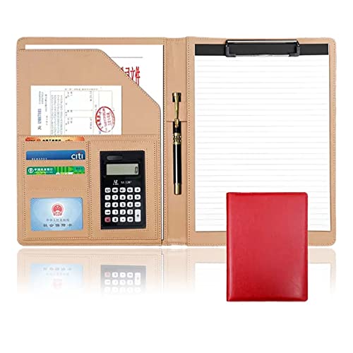 Faltbares Padfolio-Klemmbrett for Schreiben von Notizblöcken, A4-Portfolio aus PU-Leder mit 12-stelligem Taschenrechner for die Ausbildung for Lebenslauf eines Geschäftsvorstellungsgesprächs(Red) von SAJMAKUWLA