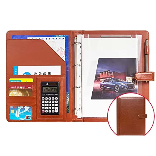 SAJMAKUWLA 4-Ring-Portfolio-Ordner, Padfolio-Ordner, PU-Leder, Business-Interview-Lebenslauf-Dokumenten-Organizer mit Quittungshülle und Kartenhalter(Brown,12 bit Calculator) von SAJMAKUWLA