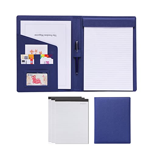 SAJMAKUWLA A4 Padfolio Portfolio Konferenzmappe Hülle Executive Business Padfolio Lebenslaufmappe Visitenkartenhalter PU Leder Padfolio for Damen Herren(Blue,3 notepads) von SAJMAKUWLA