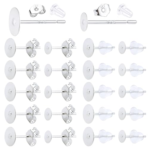 Hypoallergene Ohrring-Verschlüsse für Ohrstecker, 925er Silber, flache Ohrstecker, mit Schmetterlings-Ohrring-Verschlüssen und Gummi-Ohrringpfosten für Schmuckherstellung, 210 Stück von SAKDWUR