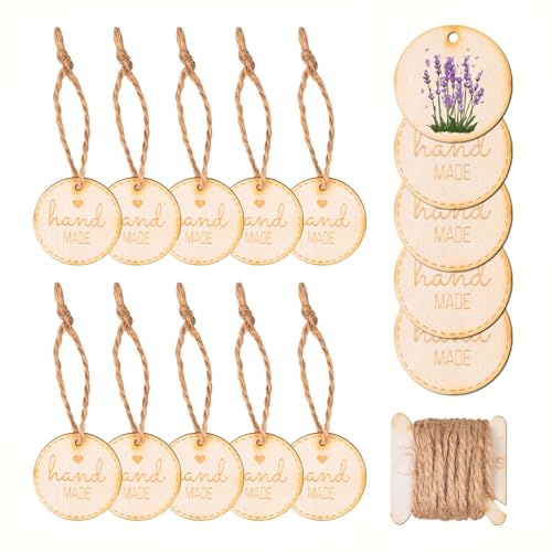 SAKETOS 10 Stück Holz Anhänger mit Jute Schnur 2m – Runde Holzanhänger Durchmesser von 4 cm mit Gravur "Hand made" - Geschenkanhänger für Verschiedene Anlässe - Holz Deko für DIY Zubehör von SAKETOS