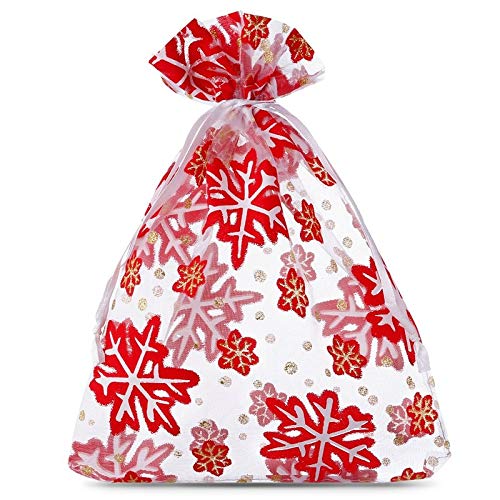 SAKETOS Weihnachten Organza Beutel 10 Stück Stoffsäckchen mit Weihnachts Motiv Geschenksäckchen Organzasäckchen mit Zugband Geschenkverpackung Weihnachts Dekoration I 22 x 30 cm - Weiß Schneesterne von SAKETOS