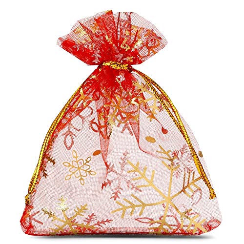 SAKETOS Weihnachten Organza Beutel 10 Stück Stoffsäckchen mit Weihnachts Motiv Geschenksäckchen Organzasäckchen mit Zugband Geschenkverpackung Weihnachts Dekoration I 9 x 12 cm - Rot Weihnachten von SAKETOS