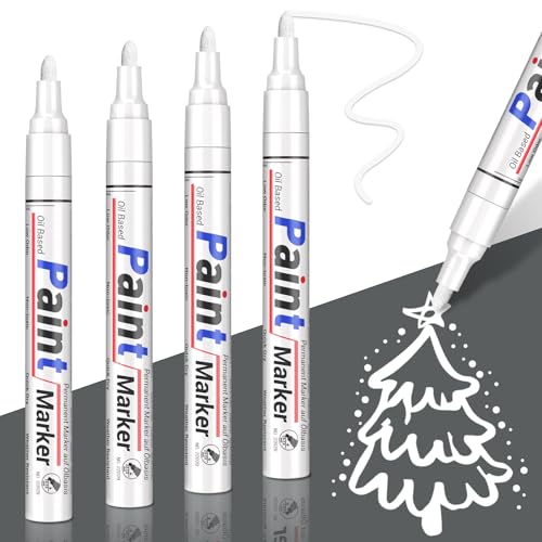 Permanent Marker Wasserfester Stift, Lackmarker, 4er-Packung Lackstift weiß, Schnell Trocknender Wasserfeste Permanentmarker zum Steinen, Metall, Plastik, Papier, Holz, Gläser von SAKEYR