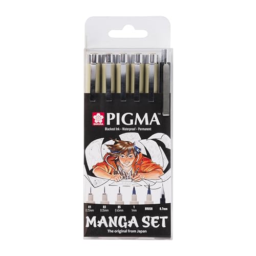 SAKURA Pigma Manga-Stifte-Set in Schwarz (6er-Stück) | 3 Fineliner, Grafik-Liner, Pinselstift + Druckbleistift | Für Cartoons und Zeichnungen von SAKURA