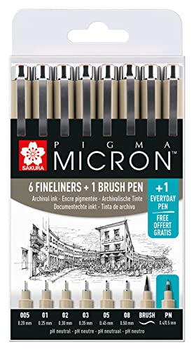 SAKURA Pigma Micron Fineliner Set - 6 Spitzenbreiten + Pinsel & PN-Stift gratis - Schwarz - Wasserfest & lichtbeständig SAKURA Pigma Micron Fineliner Set - 6 Spitzenbreiten + Pinsel & PN-Stift gratis - Schwarz - Wasserfest & lichtbeständig von SAKURA