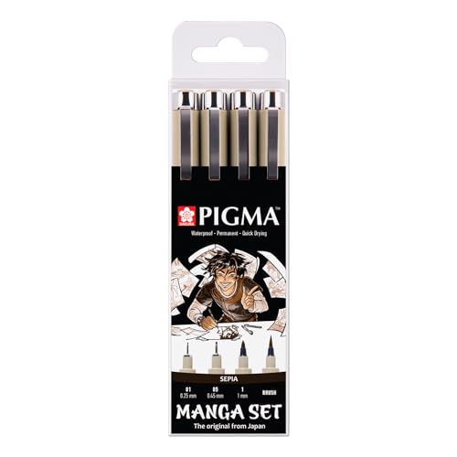 SAKURA Pigma Micron Fineliner Set Manga Collection | 4 Größen, Sepia (POXSDKMAN4) von SAKURA