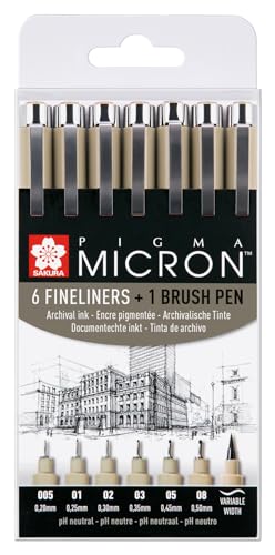 SAKURA Pigma Micron Fineliner-Stifte 6er-Set + Pinselstift | wasserfeste, permanente schwarze Tinte Stifte zum Schreiben, Zeichnen und Tagebuch führen SAKURA Pigma Micron Fineliner-Stifte 6er-Set + Pinselstift | wasserfeste, permanente schwarze Tinte Stifte zum Schreiben, Zeichnen und Tagebuch führen von SAKURA