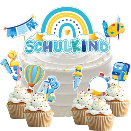 13 Stück Schulanfang Tortendeko, Tortendeko Einschulung, Kuchendeko Schulanfang, Cupcake Topper Dekorationen für Schulkind Junge Mädchen, Schultag Schulanfang Party Deko (Blau) von SALADOCY