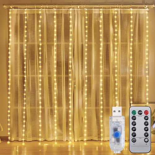 SALCAR 2x2m 200 LED Lichtervorhang Innen, 8 Modi LED Lichterkette Vorhang mit Timer, Wasserdicht USB Lichterketten Vorhang Innen Außen für Weihnachten Hochzeit Party Terrasse, Warmweiß von SALCAR