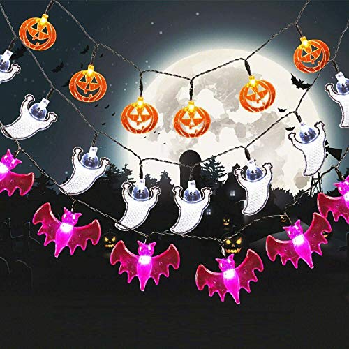 SALCAR 3 Stück Halloween LED Lichterkette, 10 Orange Kürbissen, 10 Weiß Geistern und 10 Lila Fledermäusern Halloween Lichter Batterie, Halloween Deko Lichterkette für Innen Außen Garten Party von SALCAR