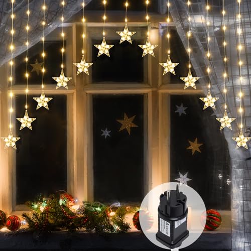 SALCAR 3m LED Sternen Lichtervorhang, 222 LED mit 16er Stern LED Lichterkette Sterne, Fenster Deko LED Stern mit timer, Weihnachtsbeleuchtung für Weihnachten Balkon Party Hochzeit - Warmweiß von SALCAR