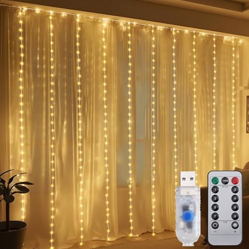 SALCAR 3x3m 300 LED Lichtervorhang Innen, 8 Modi LED Lichterkette Vorhang mit Timer, Wasserdicht USB Lichterketten Vorhang Innen Außen für Weihnachten Hochzeit Party Terrasse, Warmweiß von SALCAR